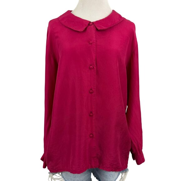 Vintage Lady Footlocker Top Women's Medium Silk Button Up Blouse Long Sleeve 80s - Picture 1 of 12